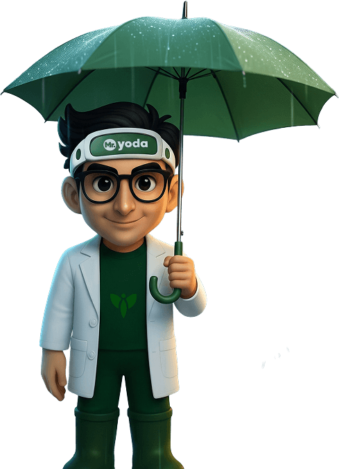 Mr. Yoda mascot holding an umbrella